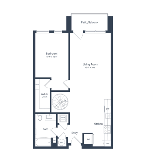 A floor plan of a small apartment with a living room, kitchen, bathroom, bedroom and entry.